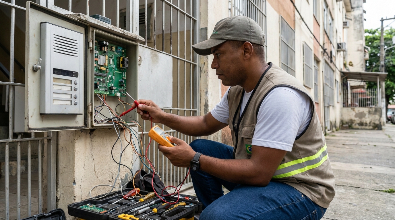 Eletricista consertando interfone em Guarulhos‑SP