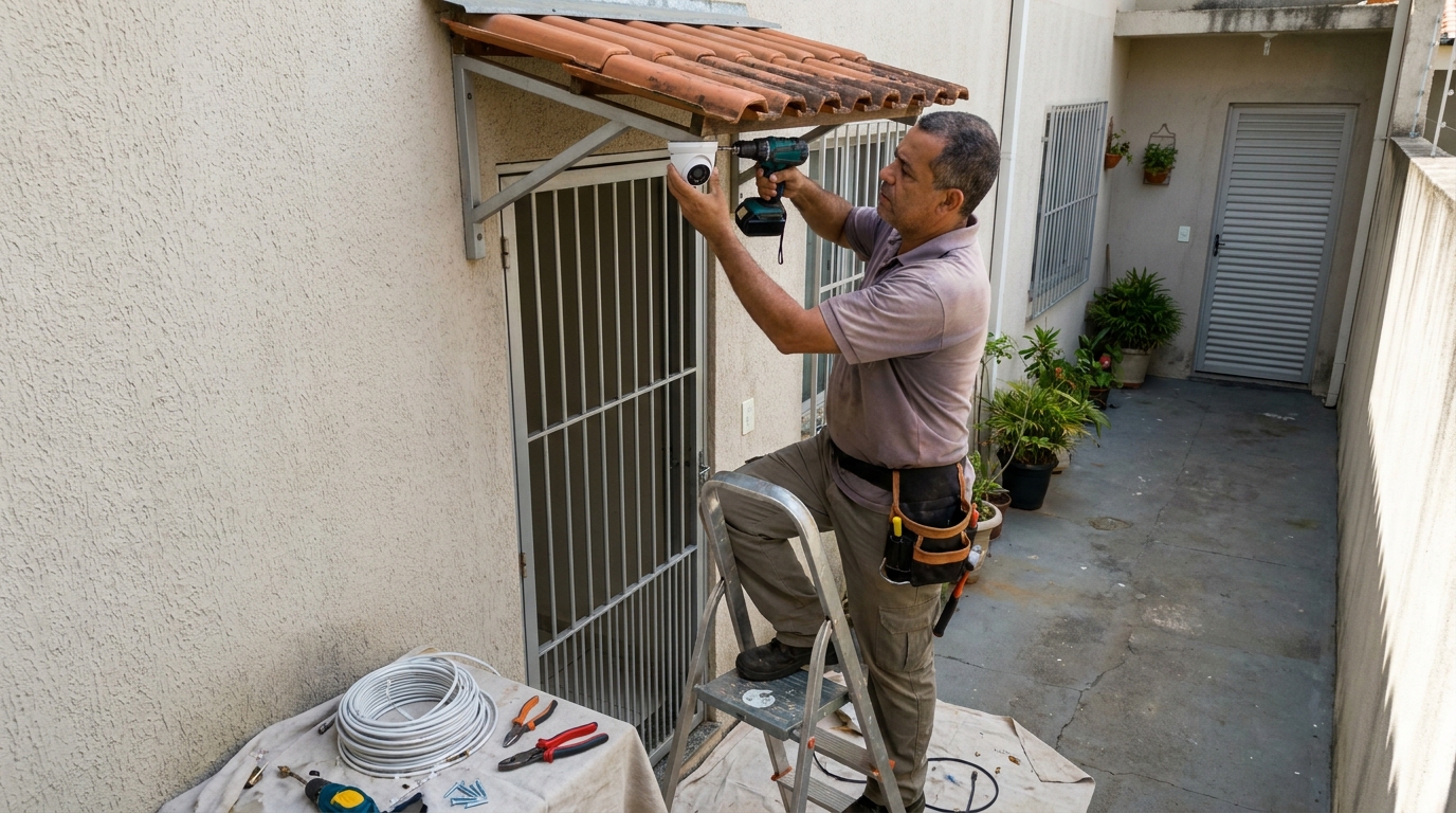 Eletricista instalando cameras de seguranca em Guarulhos‑SP
