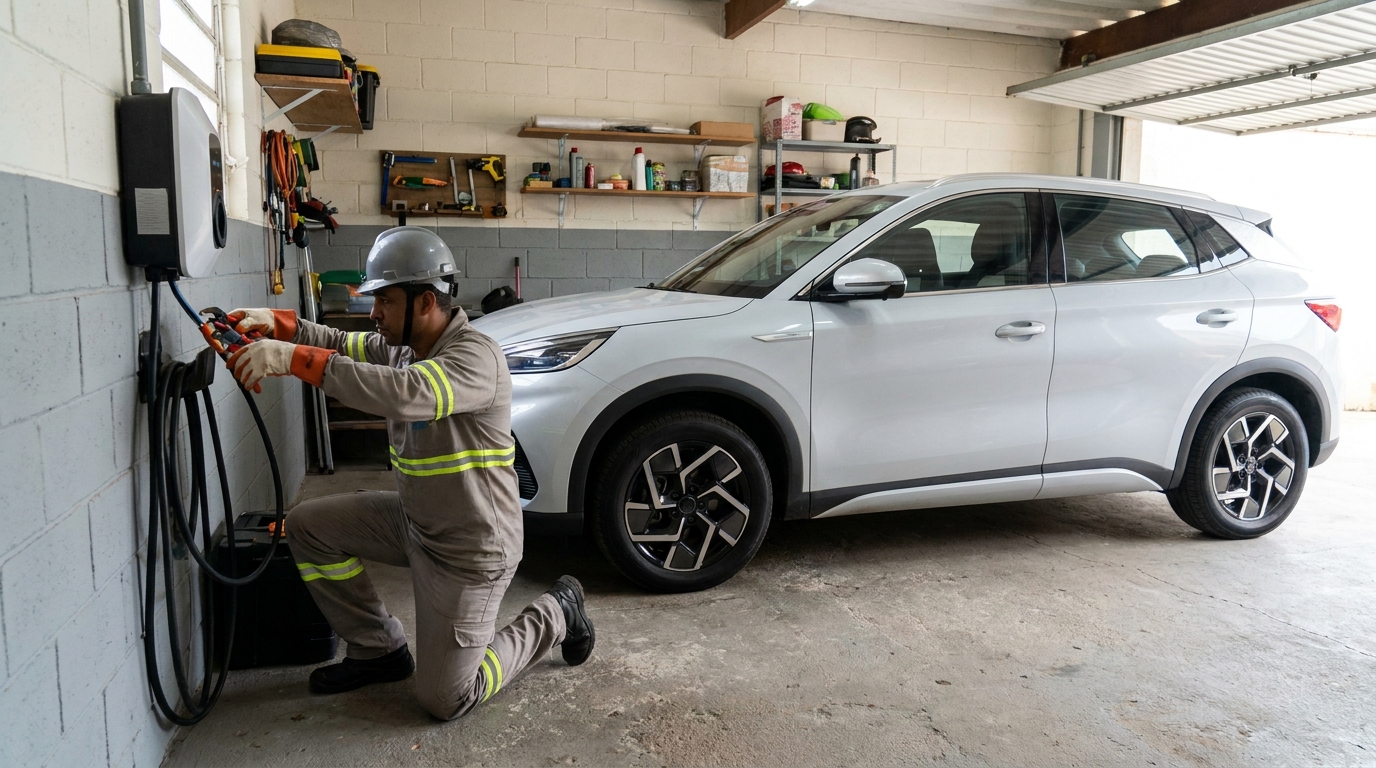 Eletricista instalando carregador de carro eletrico em Guarulhos‑SP