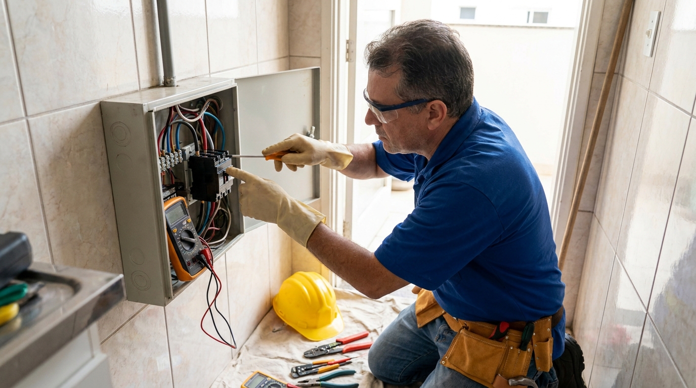 Eletricista instalando disjuntor em Guarulhos‑SP