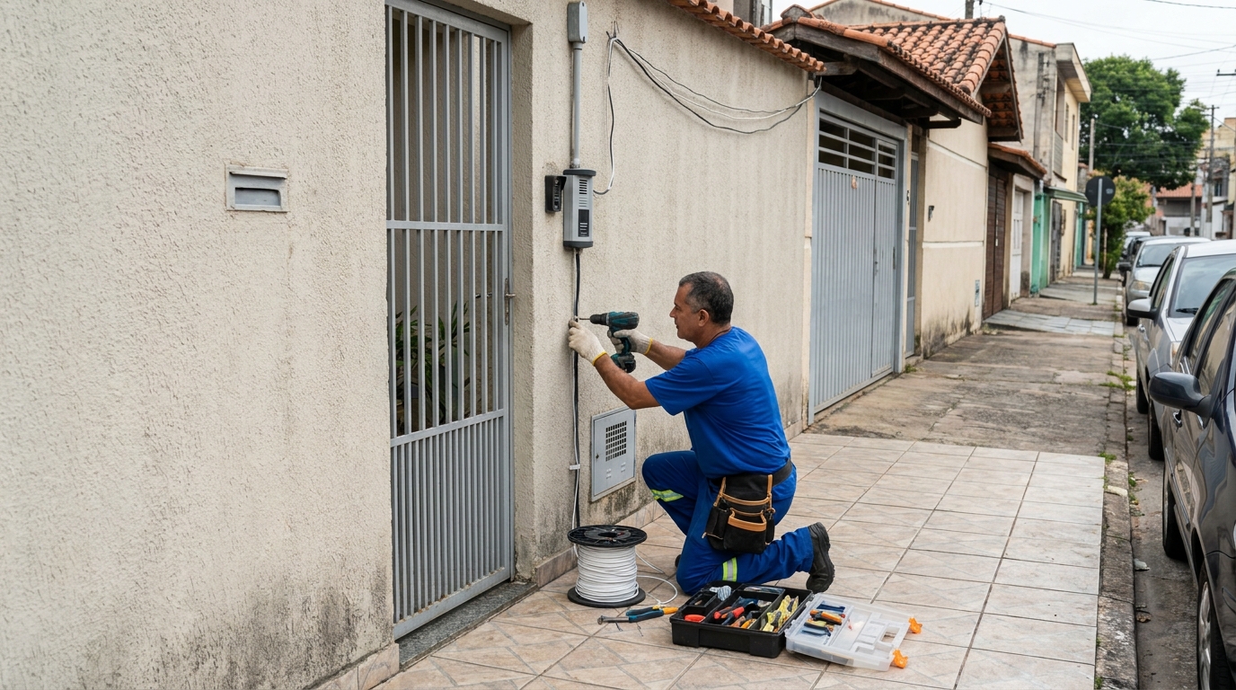 Eletricista instalando interfone em Guarulhos‑SP